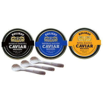 Russian Osetra, Imperial Kaluga and Royal Kaluga caviar sampler by Kolikof